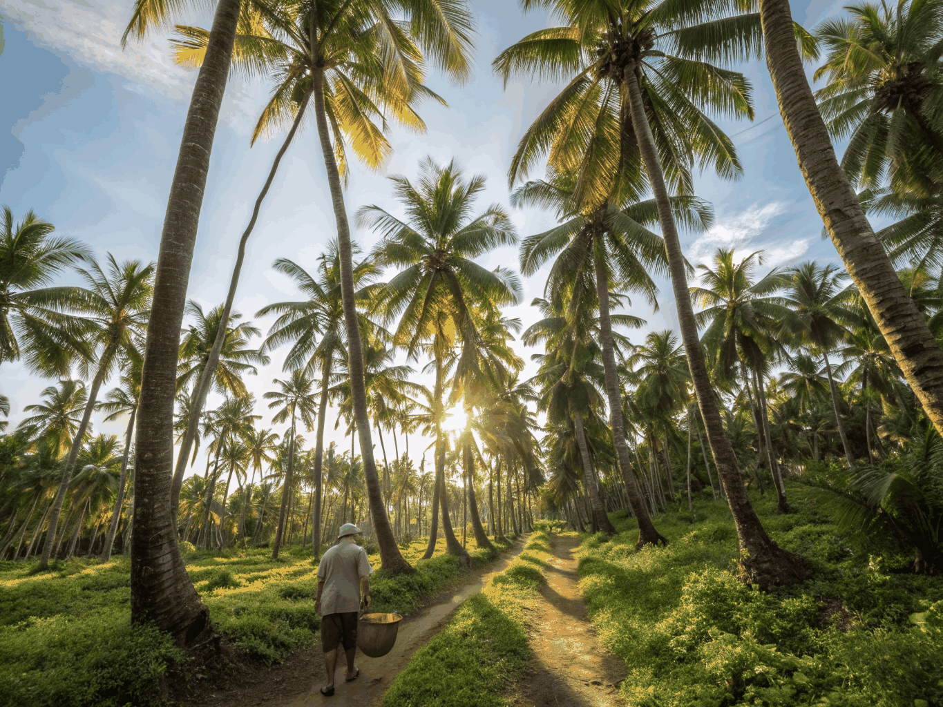 Path through a lush coconut grove