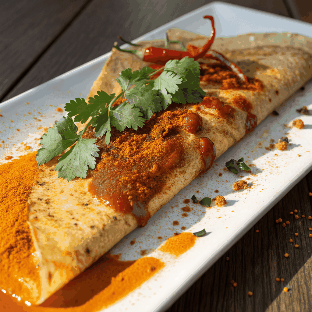 Freshly prepared Neer Dosa on a banana leaf
